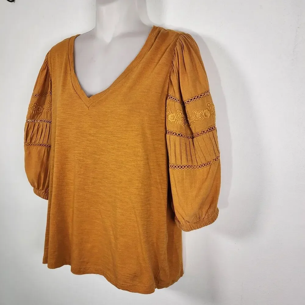 LOFT Top Mustard Yellow Embroidered Puff Sleeve V Neck Medium Boho Lace Cottage